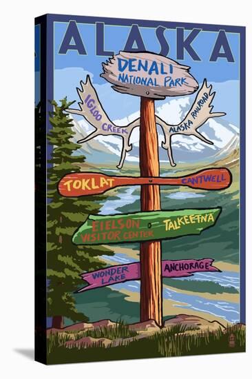 Denali National Park, Alaska - Sign Destinations-Lantern Press-Stretched Canvas