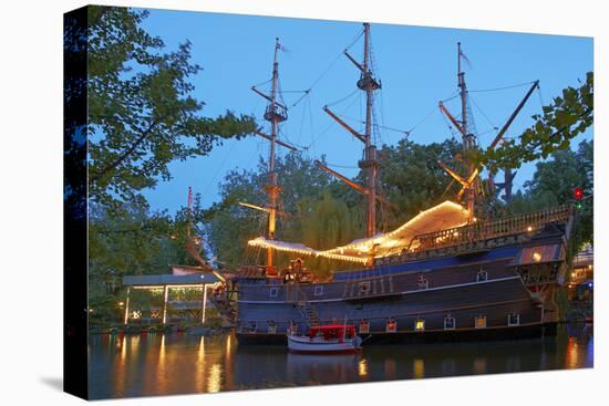 Denmark, Copenhagen, Amusement Park Tivoli, Sailing Ship, Historical, Replica, Illuminated, Evening-Chris Seba-Premier Image Canvas