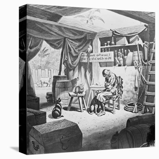 Depiction of Robinson Crusoe Alone with Animals in Makeshift Dwelling-null-Premier Image Canvas