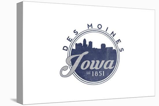 Des Moines, Iowa - Skyline Seal (Blue)-Lantern Press-Stretched Canvas