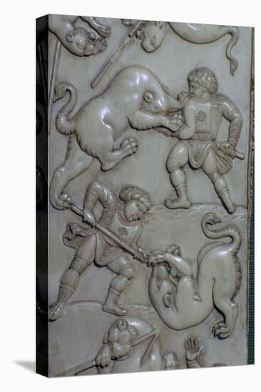 Detail from an ivory diptych of men fighting lions, 6th century. Artist: Unknown-Unknown-Premier Image Canvas