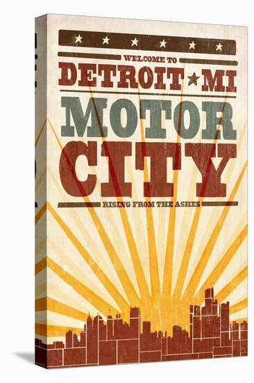 Detroit, Michigan - Skyline and Sunburst Screenprint Style-Lantern Press-Stretched Canvas