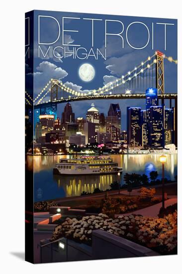 Detroit, Michigan - Skyline at Night-Lantern Press-Stretched Canvas