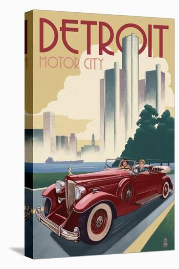 Detroit, Michigan - Vintage Car and Skyline-Lantern Press-Stretched Canvas