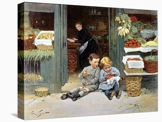 Deux Enfants Mangent Une Pomme Et Des Fraises. Illustration, 1894.-Victor Gabriel Gilbert-Premier Image Canvas