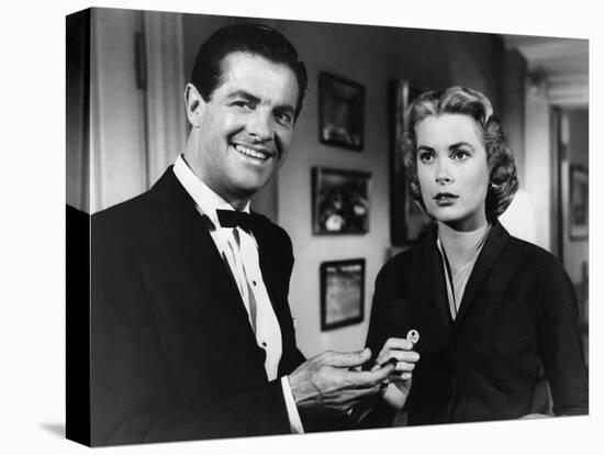 DIAL M FOR MURDER, 1954 directed by ALFRED HITCHCOCK Robert Cummings and Grace Kelly (b/w photo)-null-Stretched Canvas