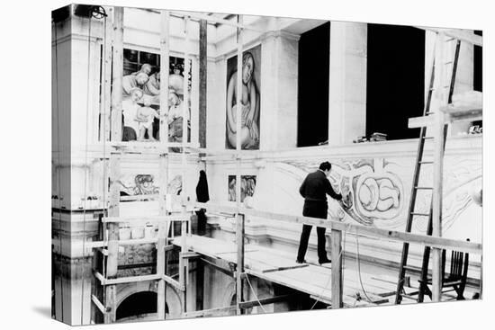 Diego Rivera Painting the East Wall of 'Detroit Industry' (B/W Photo)-null-Premier Image Canvas