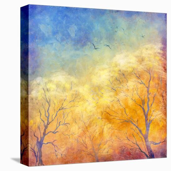 Digital Oil Painting Autumn Trees, Flying Birds-kostins-Stretched Canvas