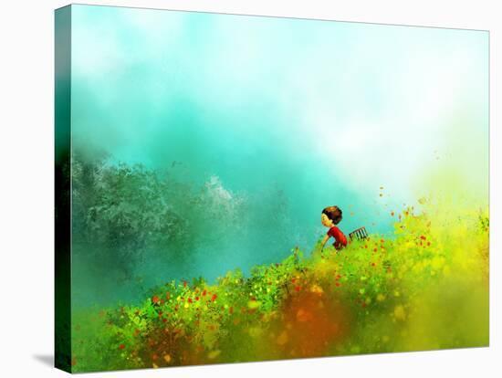 Digital Painting of Girl in Red Dress Rides a Bike in Flower Fields, Oil on Canvas Texture-Archv-Stretched Canvas