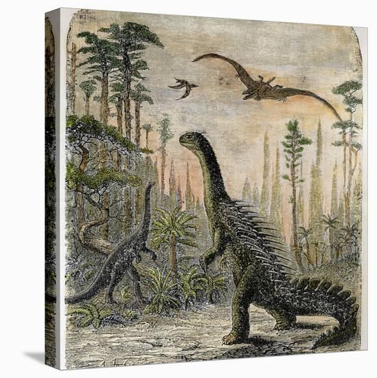 Dinosaurs of the Jurassic Period: a Stegosaurus with a Compsognathus in the Background-A. Jobin-Premier Image Canvas