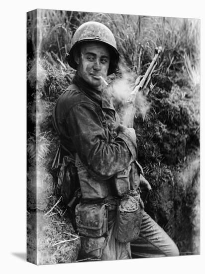 Dirt Smeared American Marine Terry Moore Soldier Stopping for a Cigarette Break-Carl Mydans-Premier Image Canvas