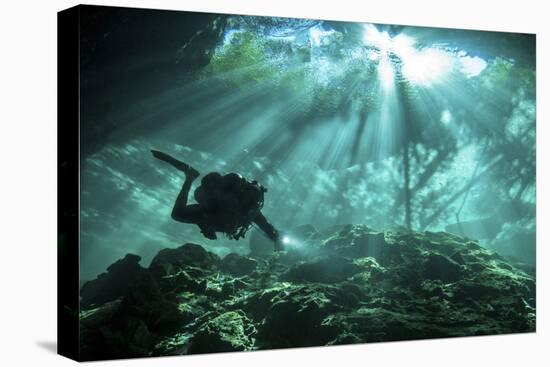 Diver Passes Through Light Beams in Chac Mool Cenote in Mexico-null-Premier Image Canvas