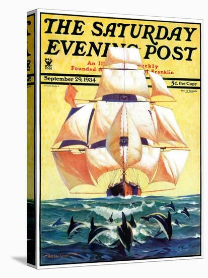 "Dolphins and Ship," Saturday Evening Post Cover, September 29, 1934-Gordon Grant-Premier Image Canvas