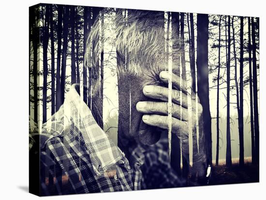 Double Exposure of Desperate Senior Man Suffering and Covering Face with Hands in Deep Depression,-zurijeta-Premier Image Canvas
