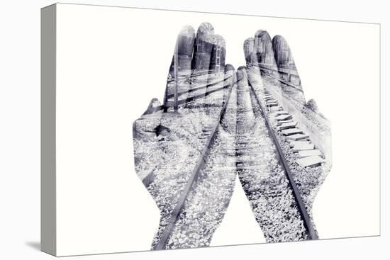Double Exposure of the Palms of a Man Put Together and a Railway, in Black and White-nito-Premier Image Canvas
