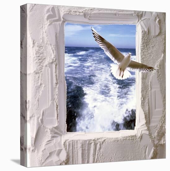 Dove Flying Toward Camera Through Plaster Frame with Ocean Waves in Background-null-Premier Image Canvas