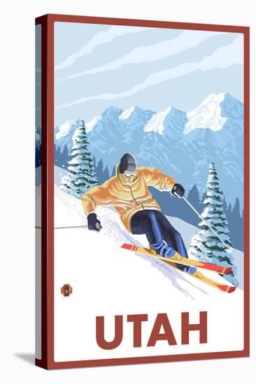 Downhill Snow Skier - Utah-Lantern Press-Stretched Canvas