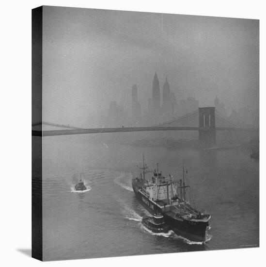 Downtown NY Seen through Mist Hovering over River, Yamashita Line Ship Coasting and Bridge-Eliot Elisofon-Premier Image Canvas