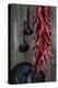 Dried Chillipods Hang Infront of Wooden Wall with Culinary Utensils-Jana Ihle-Premier Image Canvas