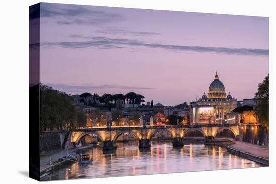 Dusk Lights on Tiber River with Bridge Umberto I and Basilica Di San Pietro in the Background, Rome-Roberto Moiola-Premier Image Canvas