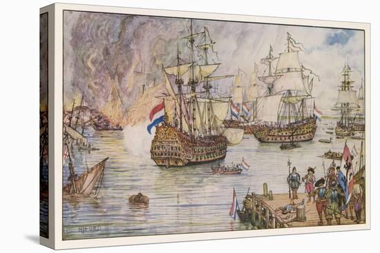 Dutch Fleet Commanded by De Ruiter Sails up the Thames and Burns English Shipping in the Medway-Henry Justice Ford-Stretched Canvas