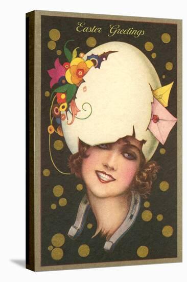 Easter Greetings, Art Deco Woman with Eggshell Hat-null-Stretched Canvas