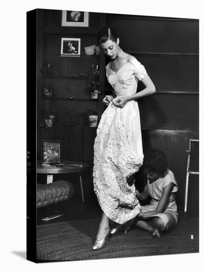 Eileen Ford Repairing a Gown So Model Barbara Mullen Can Wear it to a Party, New York, NY, 1948-Nina Leen-Premier Image Canvas