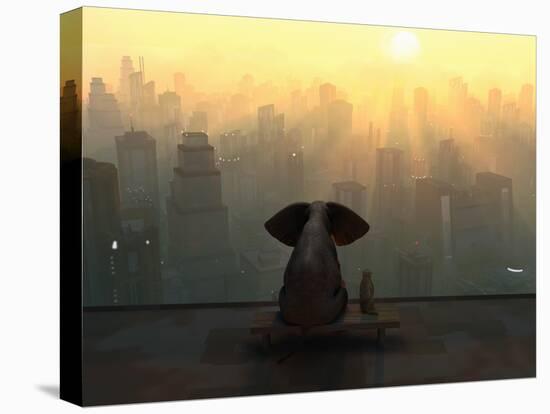 Elephant and Dog Sit on the Roof of a Skyscraper-Mike_Kiev-Premier Image Canvas