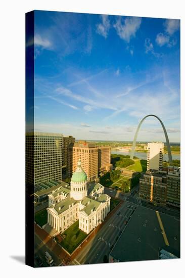 Elevated view of Saint Louis Historical Old Courthouse and Gateway Arch on Mississippi River, St...-null-Premier Image Canvas