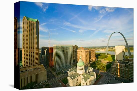 Elevated view of Saint Louis Historical Old Courthouse and Gateway Arch on Mississippi River, St...-null-Premier Image Canvas