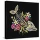 Embroidery Fish Bone and Flowers Gothic Art Background. Embroidery Summer Flowers and Skeleton of F-matrioshka-Stretched Canvas