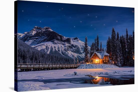 Emerald Lake Lodge in Banff, Canada during winter with snow and mountains at night with starry sky-David Chang-Premier Image Canvas