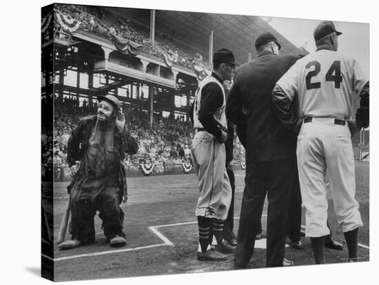 Emmet Kelly at Dodgers Game as Pirates Player Dick Groat and Dodger Manager Walter Alston confer-Yale Joel-Premier Image Canvas