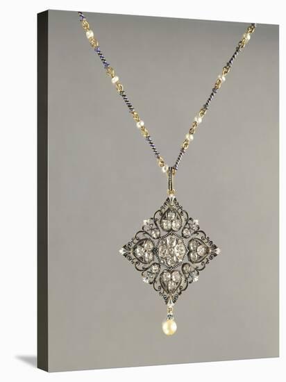 Enamelled Gold Necklace with Pendant Set with Pearls and Diamonds-null-Premier Image Canvas