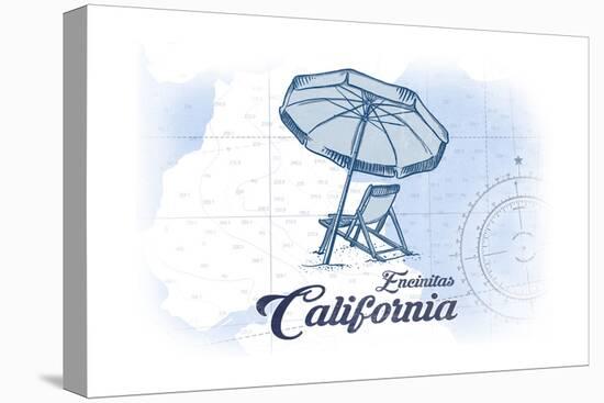 Encinitas, California - Beach Chair and Umbrella - Blue - Coastal Icon-Lantern Press-Stretched Canvas