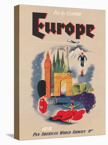 Europe - Fly by Clipper - Pan American World Airways, Vintage Airline Travel Poster, 1950s-Pacifica Island Art-Stretched Canvas