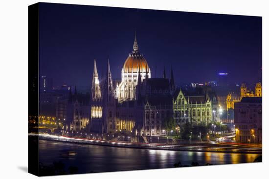 Europe, Hungary, Budapest. Parliament Building on Danube River at Night-Jaynes Gallery-Premier Image Canvas