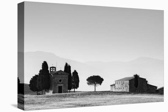 Europe, Italy, Tuscany. B&W of Vitaleta Chapel and Farmhouse-Jaynes Gallery-Premier Image Canvas