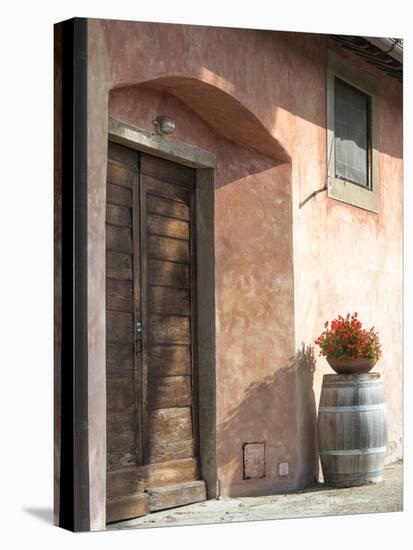 Europe, Italy, Tuscany. Flower Pot on Old Wine Barrel at Winery-Julie Eggers-Premier Image Canvas