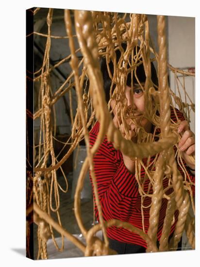 Eva Hesse Peering Through Her Sculpture of Rubber Dipped String and Rope-Henry Groskinsky-Premier Image Canvas