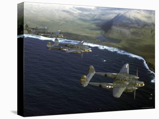 Excellent of a Squadron of American P-38 Fighters in Flight over an Aleutian Island-Dmitri Kessel-Premier Image Canvas