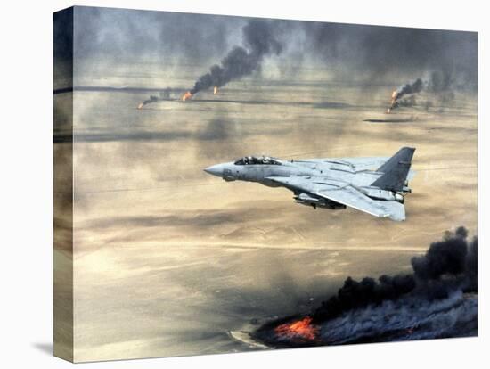 F-14 Fighter Flies over Burning Kuwaiti Oil During First Gulf War, March 1, 1991-null-Stretched Canvas