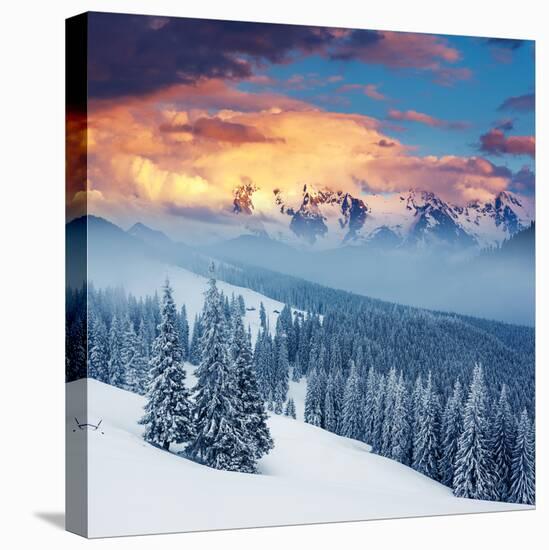 Fantastic Winter Landscape. Dramatic Overcast Sky. Carpathian, Ukraine, Europe. Beauty World.-Creative Travel Projects-Stretched Canvas