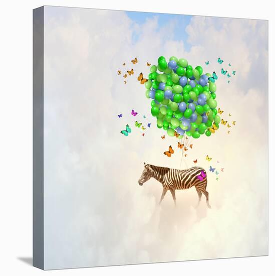 Fantasy Image of Zebra Flying in Sky on Bunch of Colorful Balloons-Sergey Nivens-Premier Image Canvas