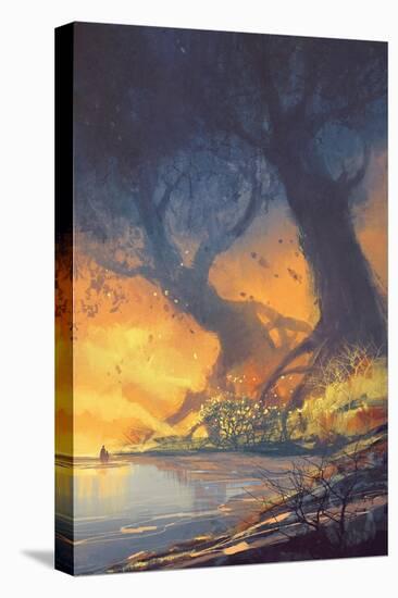 Fantasy Landscape Painting of Big Trees with Huge Roots at Sunset Beach-Tithi Luadthong-Stretched Canvas