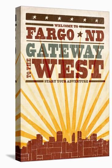 Fargo, North Dakota - Skyline and Sunburst Screenprint Style-Lantern Press-Stretched Canvas