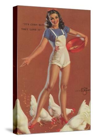 Farm Girl Pin-Up Feeding Chickens in Short Overalls, 1945' Giclee Print