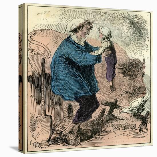 Farmer Child 19th Century Chicken Spade Country Side France-null-Premier Image Canvas