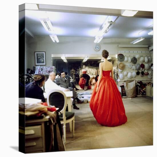 Fashion Designer Christian Dior Commenting on Red Gown for His New Collection Prior to Showing-Loomis Dean-Premier Image Canvas