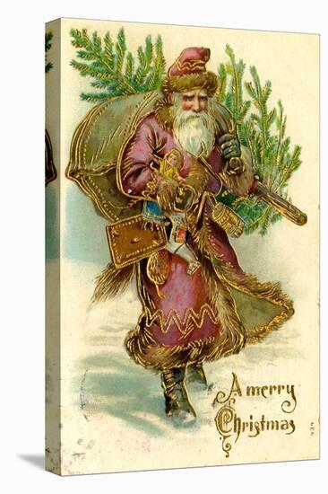 Father Christmas Dressed in Pink Carrying Pack of toys and Pine Tree, Beatrice Litzinger Collection-null-Stretched Canvas
